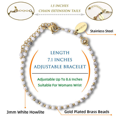 Morchic 3mm White Howlite Tiny Beads Bracelet for Women, Adjustable 7.1" Dainty Handmade Energy Gem Jewelry, Birthday Gift
