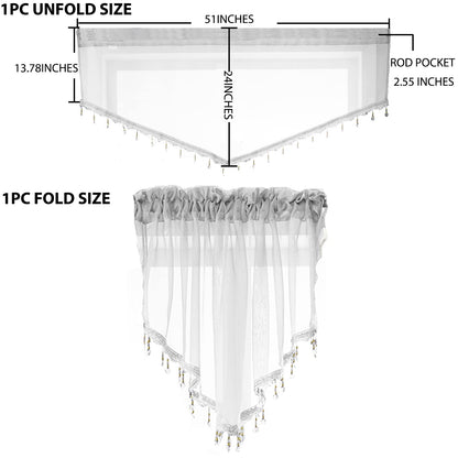 Beaded Triangle Sheer Valance Curtains for Living Room,Rod Pocket Farmhouse Window Valance, Bead Trim Tassel Voile Sheer Curtain Valance for Bedroom Bathroom Cafe 51x24 Inches (Ivory) 1PC