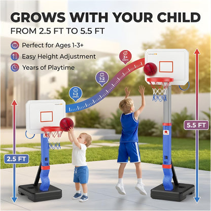 BRAGZO Toddler Basketball Hoop with Ring Toss Game, 2-in-1 Adjustable (2.5–5.5 Ft) Indoor & Outdoor Kids Basketball Set with Mini Balls, Rings, Pump & Stable Base Sports Toy for Boy & Girl Age 1-5