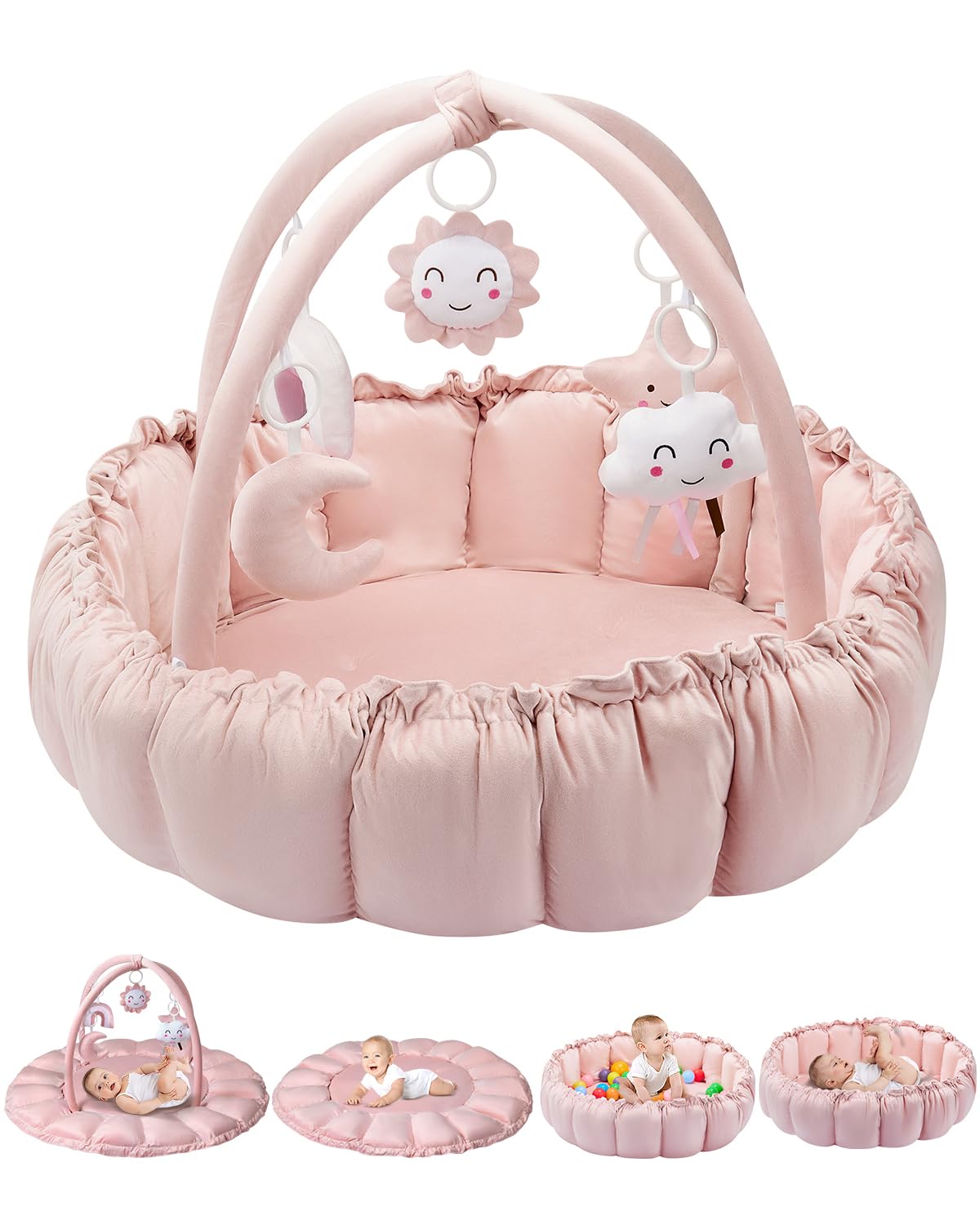 Deekuiwi 5-in-1 Convertible Baby Gym Play Mat with Hanging Toys, Soft Padded Activity Center & Ball Pit, Plush Tummy Time Mat for Newborns to Toddlers, Machine Washable, Pink