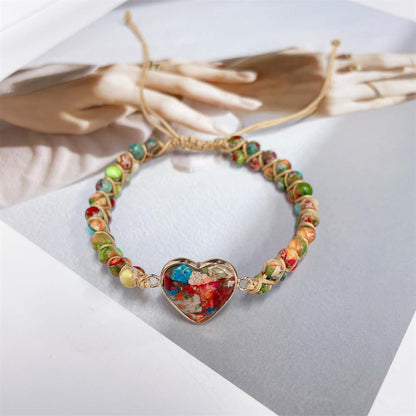 7 Chakra Healing Natural Stone Heart Wrap Bracelet for Women Colorful Emperor Beaded Health Balance Love Heart Friendship Boho Strands Bracelets Handmade Genuine Leather Trendy Jewelry Bff Gifts (Colorful)