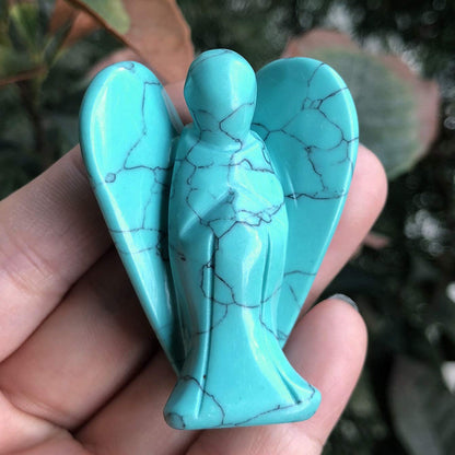 favoramulet 2 Inches Synthetic Green Howlite Turquoise Crystal Pray Guardian Angel Statue, Carved Healing Peace Angel with Wing Figurine Pocket Stone