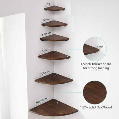 Conamily Corner Shelf,14inch Walnut Solid Wood Floating Corner Shelves Wall Mount Round End Floating Speaker Rack with Wire Hole for Small Plant for Bedroom Kitchen, Living Room