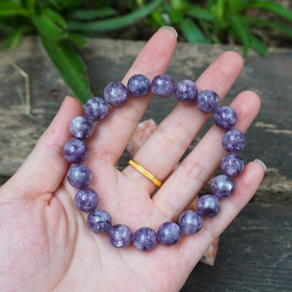 TaHLga Lepidolite Crystal Bracelet for Women Men 12mm | Natural Crown & Third Eye Chakra Purple Crystal | Anxiety Relief & Peace | Fits for Large Wrist 8-8.5" | Come with Box & Pouch