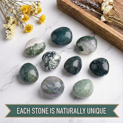 Super Large Polished Moss Agate Healing Crystal Stones - 2 Pcs of 1.2" Worry Stone for Anxiety, Pocket Palm Gemstones Handpicked Natural Tumbled Rocks for Meditation, Reiki, Chakra, Home Decor