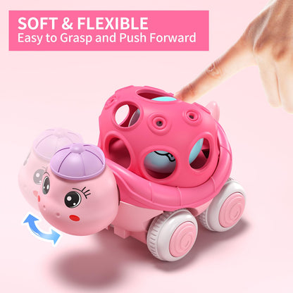 BeAndge Baby Girl Toys Gifts for 1 2 Year Old Girls, Pink Cars for Babies 6-12 12-18 Months, Push and Go Trucks for Toddlers, Soft Rattle Toys for One 1+ Infants First Birthday Easter Gifts
