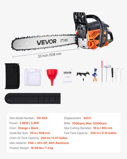 VEVOR 20inch 62CC Gas Powered Chainsaw, 3.8 HP 2 Stroke Engine Gas Power Chainsaws with Non-Slip Handle, Gas Chainsaws with Dual Fuel Tanks, For Wood Cutting, Tree Trimming, and Land Clearing