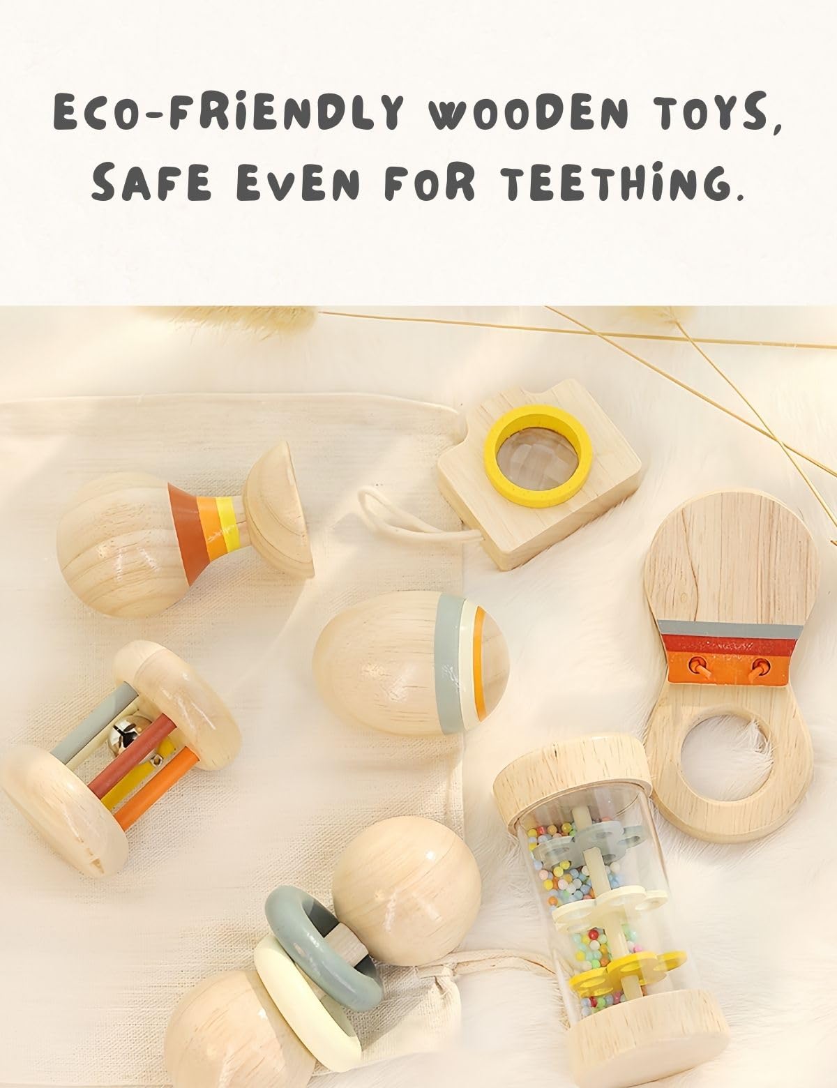 7 PCS Wooden Baby Toys Set - Organic Infant Rattles Newborns 0-6 Month & Montessori-Inspired Musical Instruments for 0-12 Month - Natural Toddler Developmental Toys