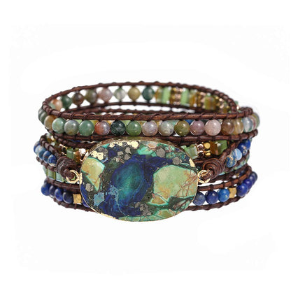 Plumiss Boho Handmade Imperial Jasper Green Blue Stone Hematite Mixed Leather Wrap Bracelets for Men Women