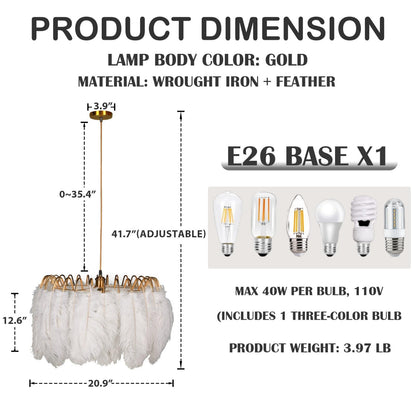 mfanchan 20.9" Nordic Modern Gold Feather Chandelier, Art Decor Feather Light Fixture Nordic Pendant Light Romantic Hanging Ceiling Lighting for Kitchen Island Girls' Room Living Dining Room Foyer