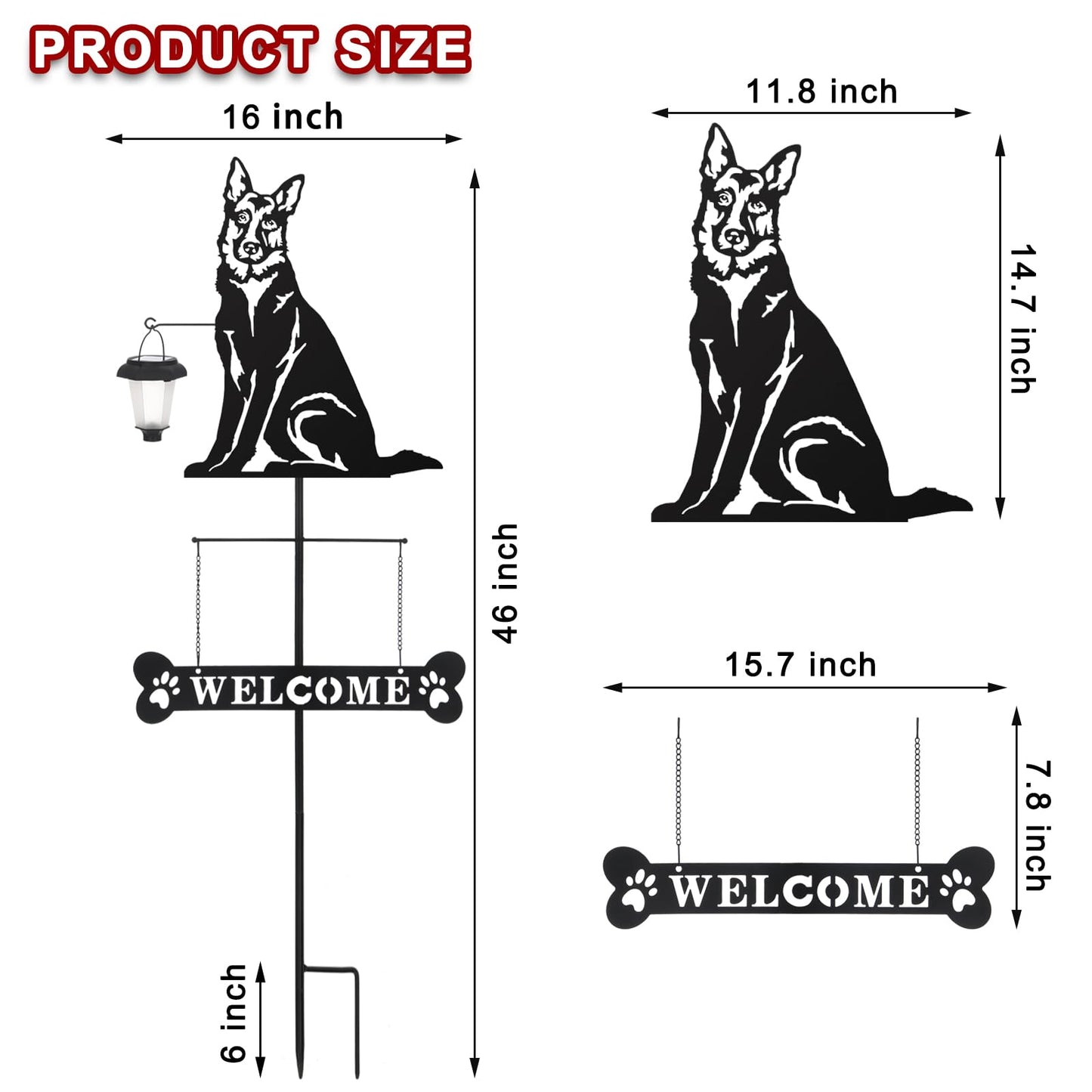 BAYN Solar German Shepherd Silhouette Dog Breed Welcome Sign with a Lantern Outdoor Decorative Garden Stakes for Yard, Lawn, Patio, Pathway