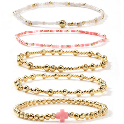 Cross Gold Beaded Bracelet Stack for Women,Dainty Bohemian Stretch Pink Seed Beads Stackable Bracelets Set Fashion Party Holiday Birthday Accessories Jewelry Gift Friendship