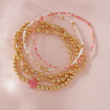 Cross Gold Beaded Bracelet Stack for Women,Dainty Bohemian Stretch Pink Seed Beads Stackable Bracelets Set Fashion Party Holiday Birthday Accessories Jewelry Gift Friendship