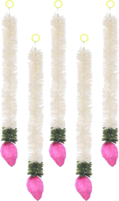 Set of 5 Artificial Jasmine Garland Toran with Lotus Buds, 13 Inch Strings Jasmine Garland Toran with Lotus Buds for Pooja Decoration Wall Hanging for Ganesh Chaturthi, Diwali & Festive Decor