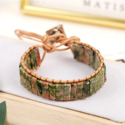 KunBead Women Green Chakra Imperial Jasper Bracelets Healing Crystal Natural Stone Bead Leather Wrap Handmade Rope Adjustable Bracelets