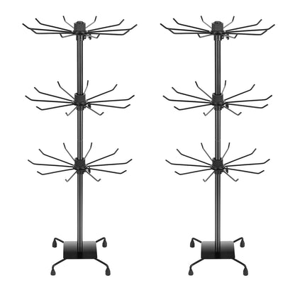 bahforam 2 Pcs 3-Tier Rotating Jewelry Display Stand, 28.35 inch Tall Floor-Standing Metal Rack with 60 Hooks Total (30 per Stand), Adjustable Tiers, Black - Necklaces, Earrings, Keychains