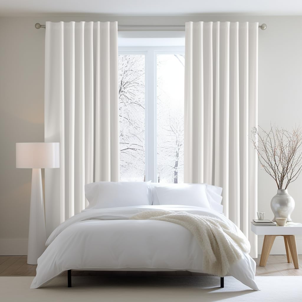 COTTON CRAFT White Curtain Window Panel Drapes - Set of 2 - Thick Cotton Duck Fabric Reverse Tab Top Window Treatment - Bonus Tie Backs - Clean Crisp Elegant Look - Bedroom Living Room - 50 W x 84 L