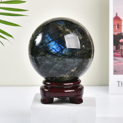 MOGEMT Large Labradorite Crystal Ball with Stand Natural Crystals Sphere Gemstone Ball Meditation Witchcraft Home Decor 100-110mm/3.9-4.3"