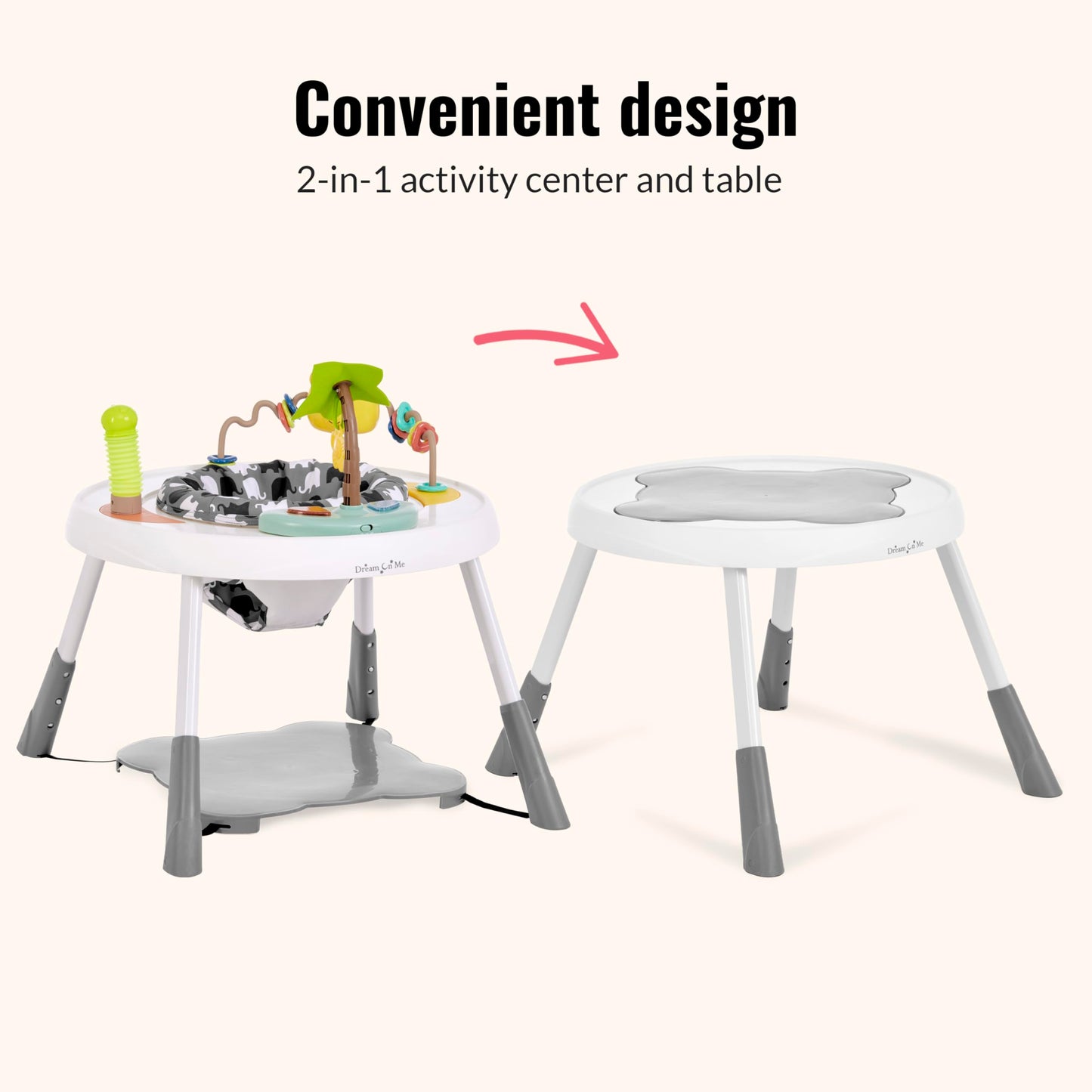 Dream On Me Curio Sit N Seek Baby Activity Center in Grey, 2 in 1 Activity Center and Play Table with 3 Detachable Toys and Music, 3 Level Height Adjustable Positions Activity Center for Baby