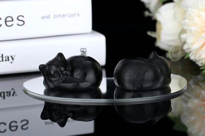 YATOJUZI 2" Cat Decors Statue Black Obsidian Crystals Sleeping Cats Matte Gemstone Hand-Carved Cute Animal Statues Figurine Room Home Office Desk Decor Lucky Reiki Kitten Ornaments Gifts for Women Men