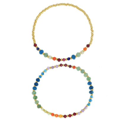 BXDA Gemstone Gold Beaded Stack Bracelets Set for Women, 2Pcs Colorful Boho Handmade Rainbow Chakra Natural Stone Stretch Stackable Bracelet Prom Holiday Jewelry Gift.