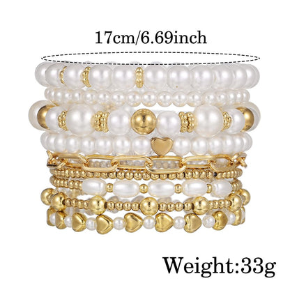 KZL Chunky Imitation Pearl Stackable Stretch Bracelet Set for Women 14K Gold Plated Beaded Stack Bracelets Layered Pearl Elastic Bracelets Wedding Jewelry Gifts-Style 1