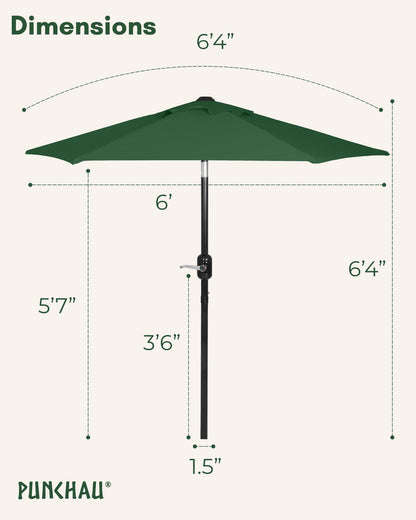 Punchau 6 Ft Outdoor Patio Umbrella, Easy Open/Close Crank and Push Button Tilt Adjustment - Hunter Green Market Umbrellas