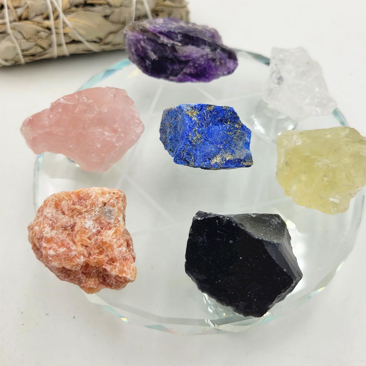 7Pcs Energy Crystals for Beginners Raw Crystals Set of Clear Quartz,Lapis Lazuli,Sunstone,Amazonite,Black Obsidian,Amethyst,Citrine,Rose Quartz (Crystals for Beginners)