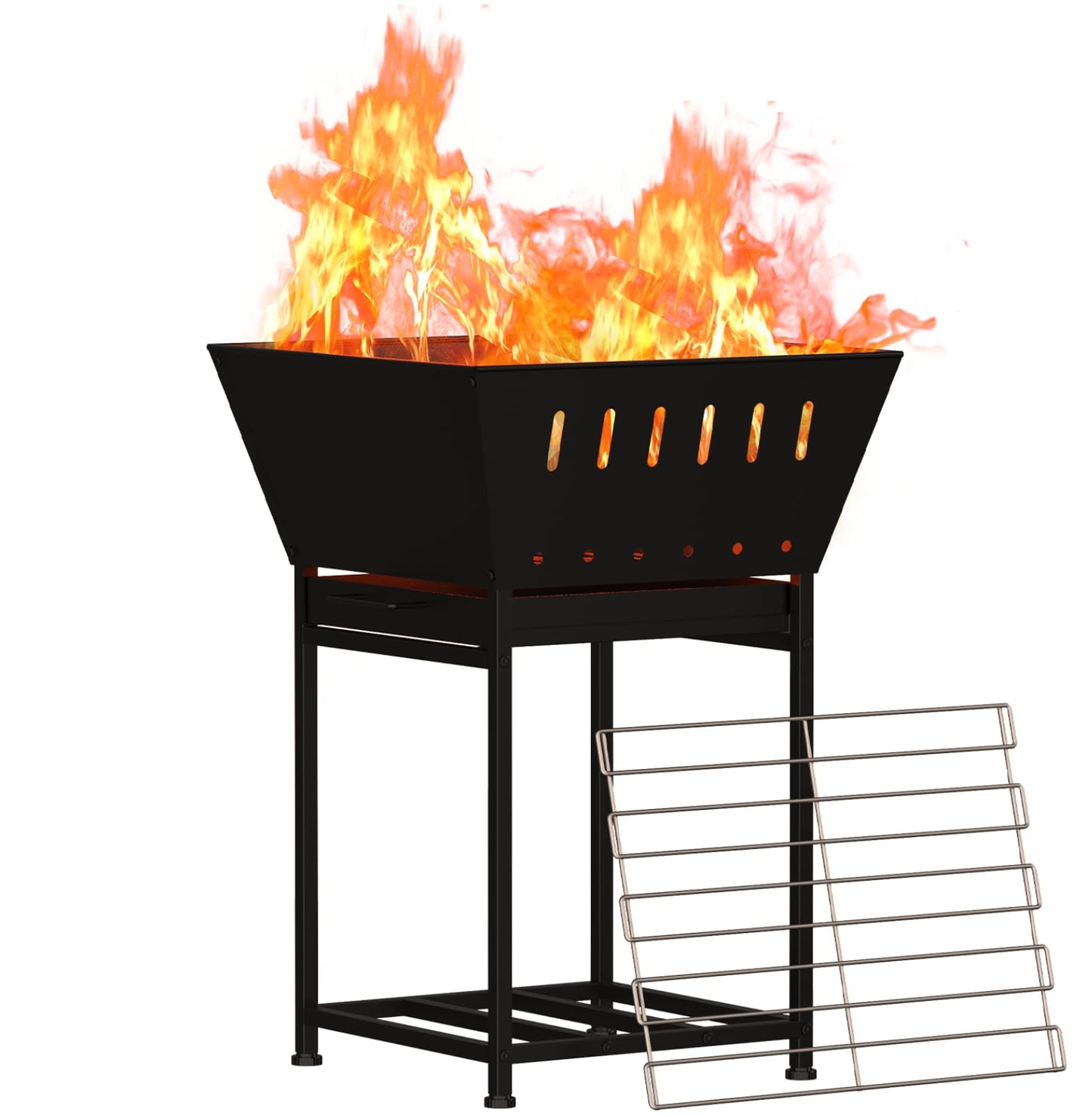 YBING Wood Burning Fire Pit for Outside - 24 Inch Outdoor Fire Pit with Grill, 2-in-1 Square Firepit with Ash Tray and Wood Storage for Camping, Backyard, Patio, Black