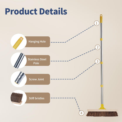 NICOFPHY Floor Scrub Brush with Long Handle - 60" Heavy Duty Deck Brush with Stiff Natural Palmyra Bristle for Scrubbing, Outdoor Scrubber Brushes for Cleaning Concrete Floor, Garden, Patio, Shower
