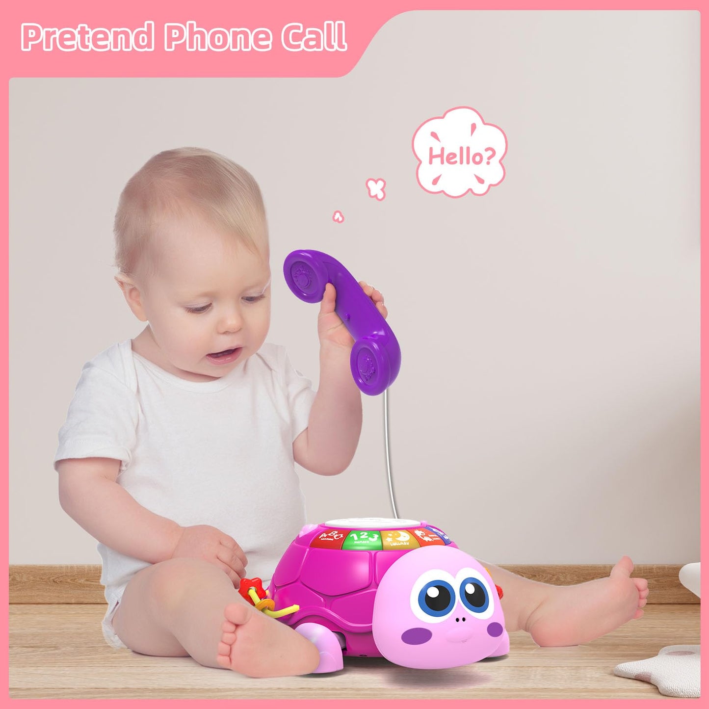 Hanayo Baby Musical Turtle Crawling Girl Toys for 6-18 Months，Infant Early Learning Educational Toy，Baby Girl Gift Essentials for Newborn 7 8 9 11+ Months 1-2 Year Old(Pink)
