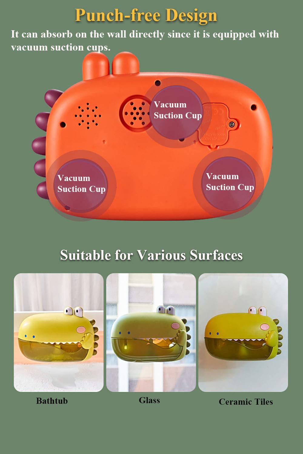NEXTAKE Electric Bathtub Bubble Machine, Kids Cute Cartoon Animal Dinosaur Bubble Blower Machine Alligator Bubble Maker Bath Toy with Music and Vacuum Suction Cups (Green)