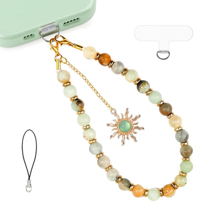 LuneClat Natural Stone Phone Wrist Strap for Women - Golden Sun Beaded Healing Phones Charm for Camera Keychain Decor, Handmade Cellphone Chain Lanyard with Tether Tab