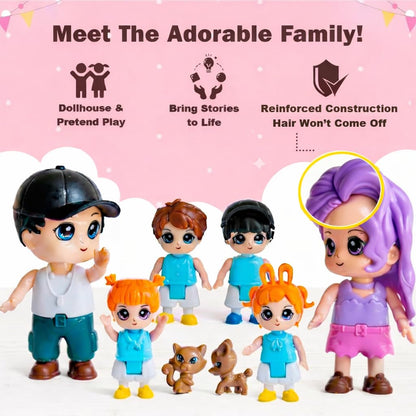 FUNERICA Dollhouse Family Figures & Pets – Poseable Family Dolls Playset – Miniature Dollhouse People for Doll House Accessories - Compatible with 1:12 & 1:24 Scale Wooden and Plastic Dollhouses