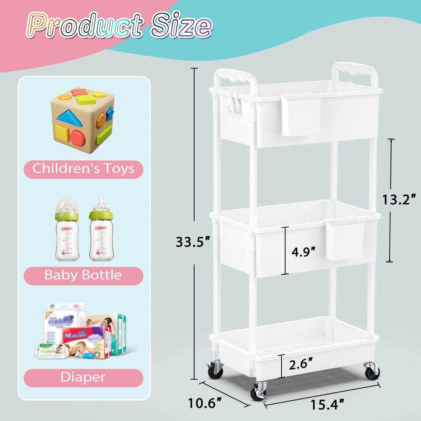 SUNALLY Baby Diaper Caddy Cart, 3 Tier Rolling Diaper Cart with Lockable Wheels for Nursery Essentials, Large Capacity & Easy Assemble Diaper Storage Organizer for Newborn,New Mom, White