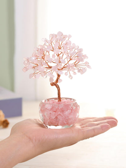 Top Plaza Healing Crystals Rose Quartz Crystal Tree with Glass Base Handmade Natural Gemstone Life Tree Mini Bonsai Money Trees Good Luck Home Office Desk Decor
