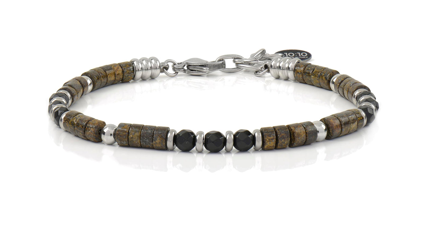 10:10 Beaded Bracelet for Men and Women – Natural Gemstone Bracelet and Stainless Steel – Adjustable, Durable and Elegant – Made in Italy (Bronzite - Agate)