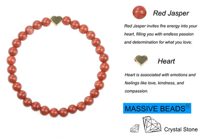 MASSIVE BEADS Red Jasper and Heart - Love You Handmade Handmade Yoga Stretch Elastic Bracelet Natural Stone Crystal Healing Power Energy Gifts for Unisex Adult 4mm