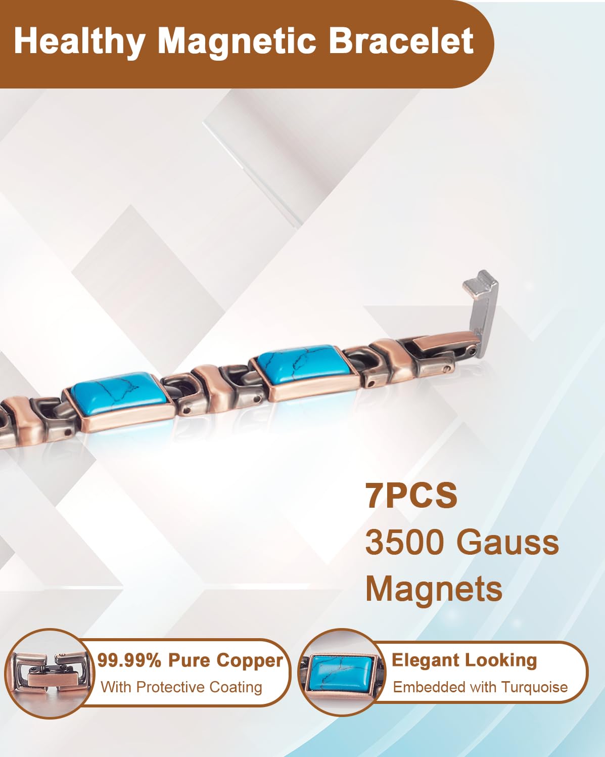 EnerCoppeX Copper Magnetic Bracelet for Women - Turquoize Detox Jewelry with 3500 Gauss Magnet (F)