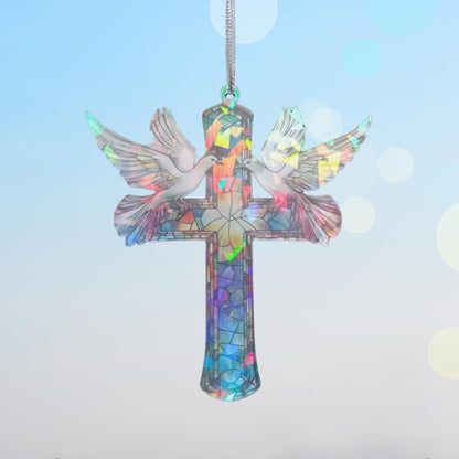 Christian Gifts for Women - Memorial Gifts - Cross Decor – Hologram Acrylic Suncatcher Hanging Decoration – Shimmering Cross with Doves for Window, Christmas Tree, Religious Gifts, Gifts for Mom Girl