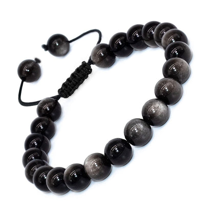 DAZCOLO Handmade Gem Bracelet Adjustable Macrame Gemstone 8mm Round Beads Crystals Quartz Unisex (Silvery Obsidian)
