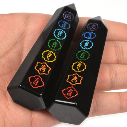 Black Obsidian 7 Main Chakras Seven Symbolic Sanskrit Text Crystal Tower Healing Crystal The Seven Chakras Wand For Spiritual Use Hexagonal Point Reiki Chakra Gemstone Home Office Decor