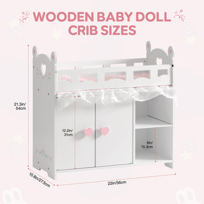 ROBUD Baby Doll Crib, Wooden Doll Bed, Baby Crib Toy with Storage, Bedding, Storage Bag and 3 Hooks, 18-21 inch Doll Accessories, Girl Doll Furniture Ages 3+ (White)
