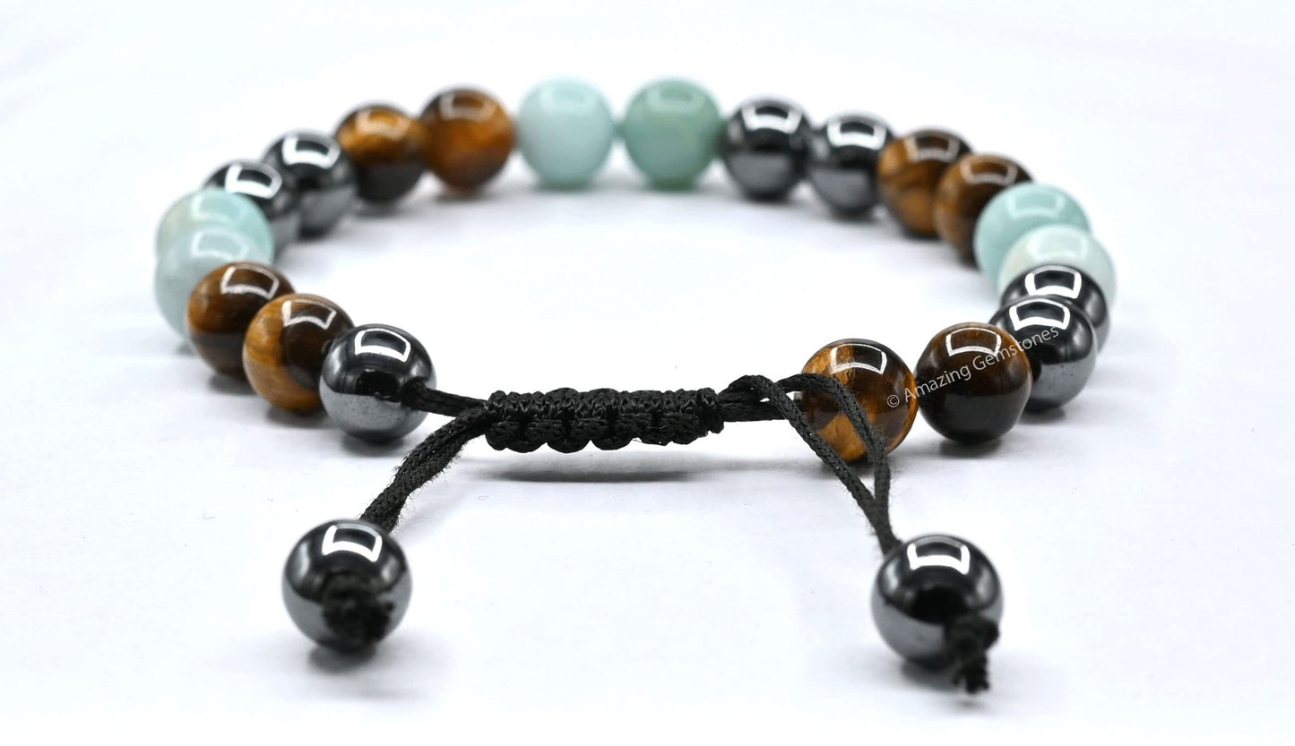 Amazing Gemstone Bracelet for Child - Hematite Amazonite Tiger Eye Bracelet Set for Men Women Healing Calming Anxiety Stress Relief Gifts Pulseras Para Hombres Mujer Stocking Stuffers (Adjustable)