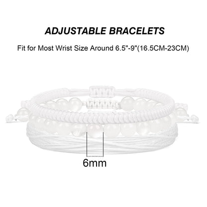 GolbalJew Healing Crystal Beaded Bracelets for Women Men, 6mm Moonstone Stone Beads Bracelets Set with 2PCS Adjustable White Rope Bracelets