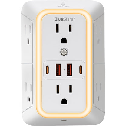 Wall Mount Power Strips Wall Charger 6 Outlet Extender 4 USB Ports (5V, 2.4A, 12W) and Night Light 3-Sided Power Strip with Adapter Spaced Outlets - Multi Plug Outlet Surge Protector for Home Office