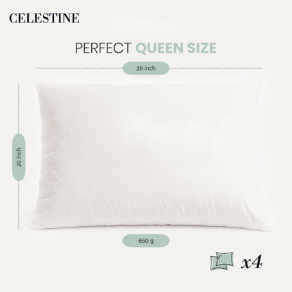 Celestine Queen Size Pillows Set of 4 – Soft Down Alternative Microfiber Filling, Plush White 20x28 Bed Pillows for Side and Back Sleepers, Breathable, Supportive, Machine Washable Pillow Set