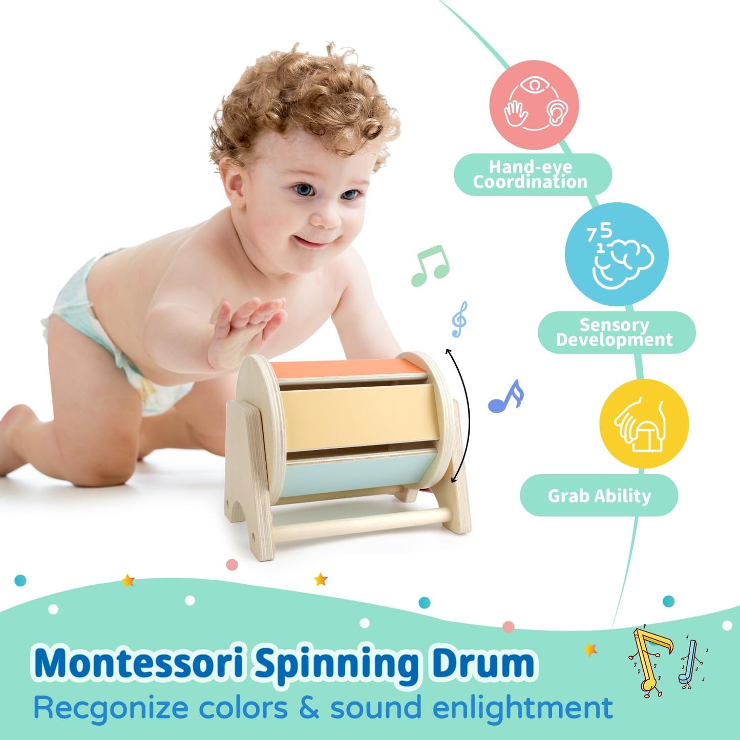 Dulsaera Montessori Toys 7 in 1 Learning Educational Set Newborn Toys, Rainbow Ball, Baby Black and White Books, Tissue Box Toy, Spinning Drum, Rattle Toy