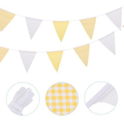 MECCANIXITY 33ft Yellow White Plaid Checkered Pennant Banner, 36 PCS Triangle Flags Fabric Bunting Banner for Birthday Wedding Outdoor Garden Decor