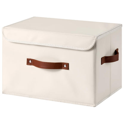 LOLUVIZCO Storage Bins Box with Lids Decorative PU Leather Fabric Baskets Cubes with Handles PP Plastic Board Foldable Washable Lidded Clothing Shelf Closet Organizer Container (Beige, Large)